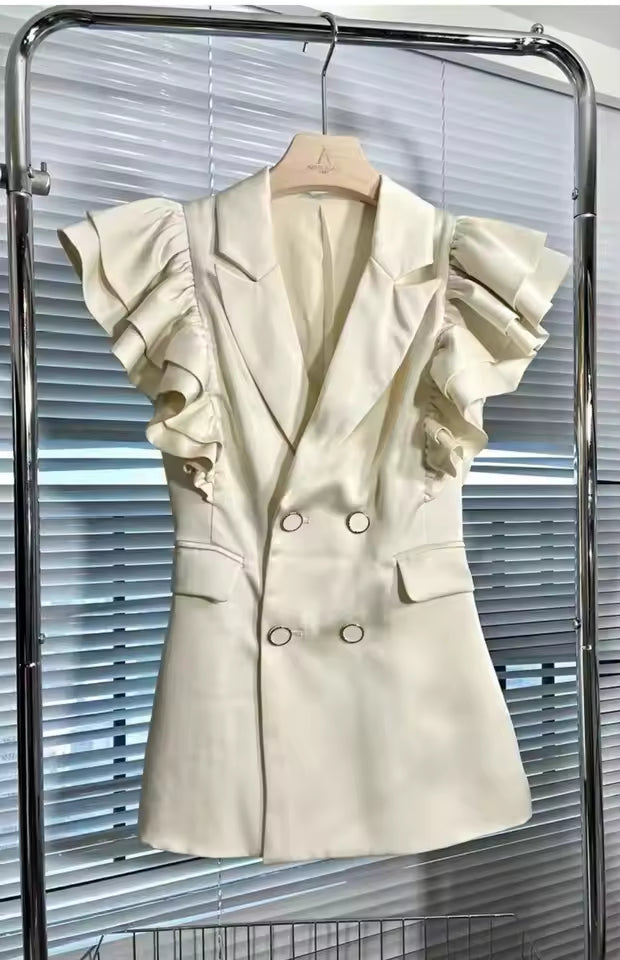Luxury Double Breasted Petal Sleeve Flounce Blazers High Waist Slim Blazers Mini Dress