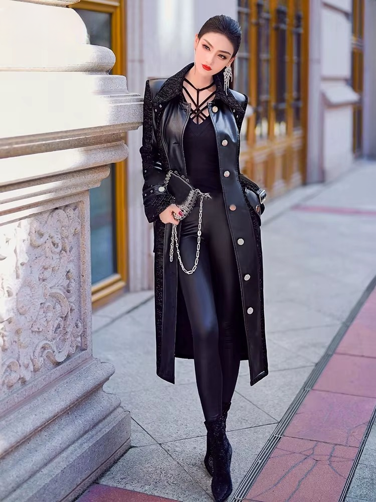 Luxury Elegant Fitted Patchwork Pu Leather Single Breasted Runway Trench Coat