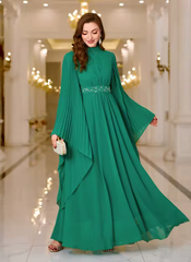 Luxury Elegant Formal Solid Pearl Embellished Batwing Sleeve Pleated Long Dresses