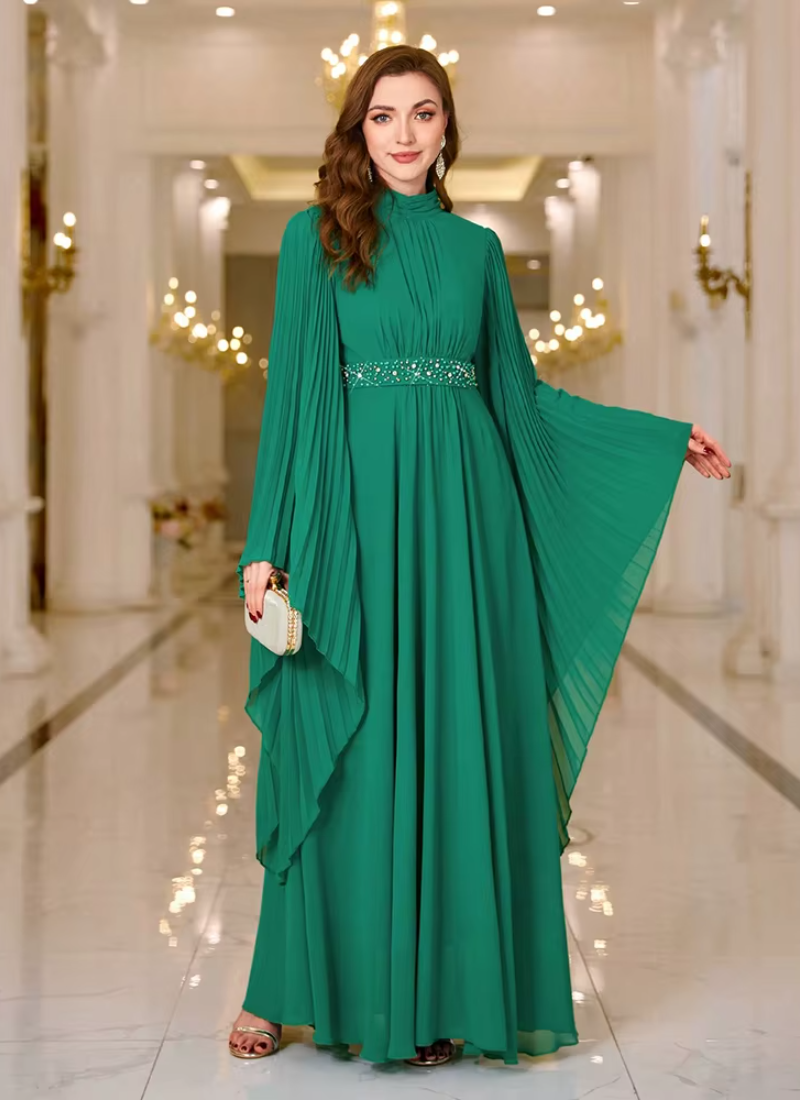 Luxury Elegant Formal Solid Pearl Embellished Batwing Sleeve Pleated Long Dresses
