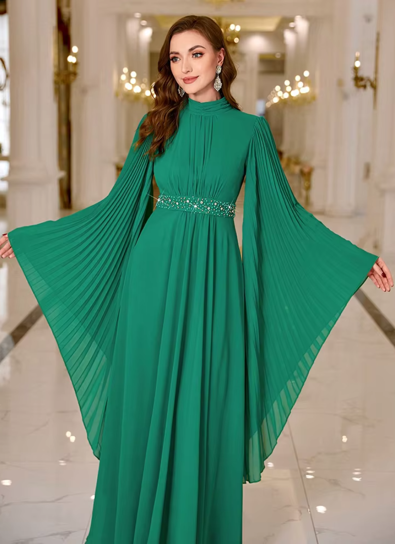 Luxury Elegant Formal Solid Pearl Embellished Batwing Sleeve Pleated Long Dresses