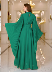 Luxury Elegant Formal Solid Pearl Embellished Batwing Sleeve Pleated Long Dresses