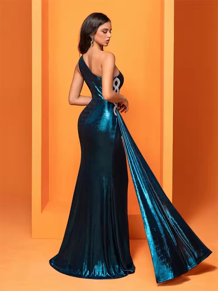 Luxury Elegant One-Shoulder Party Ribbon Slit Maxi Dress