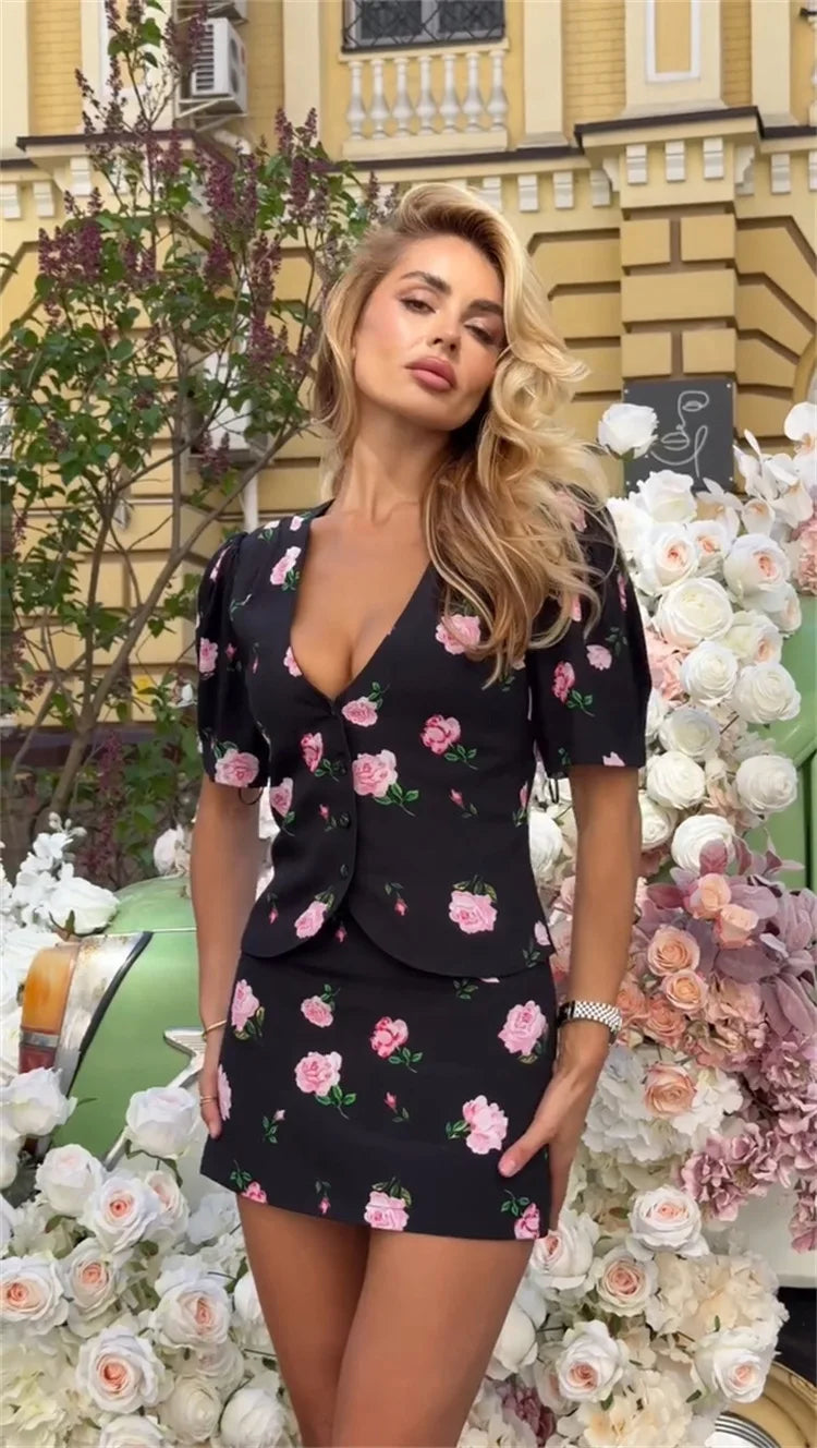 Luxury Elegant Printed V-Neck Cardigan Top High Waisted Skirt Set