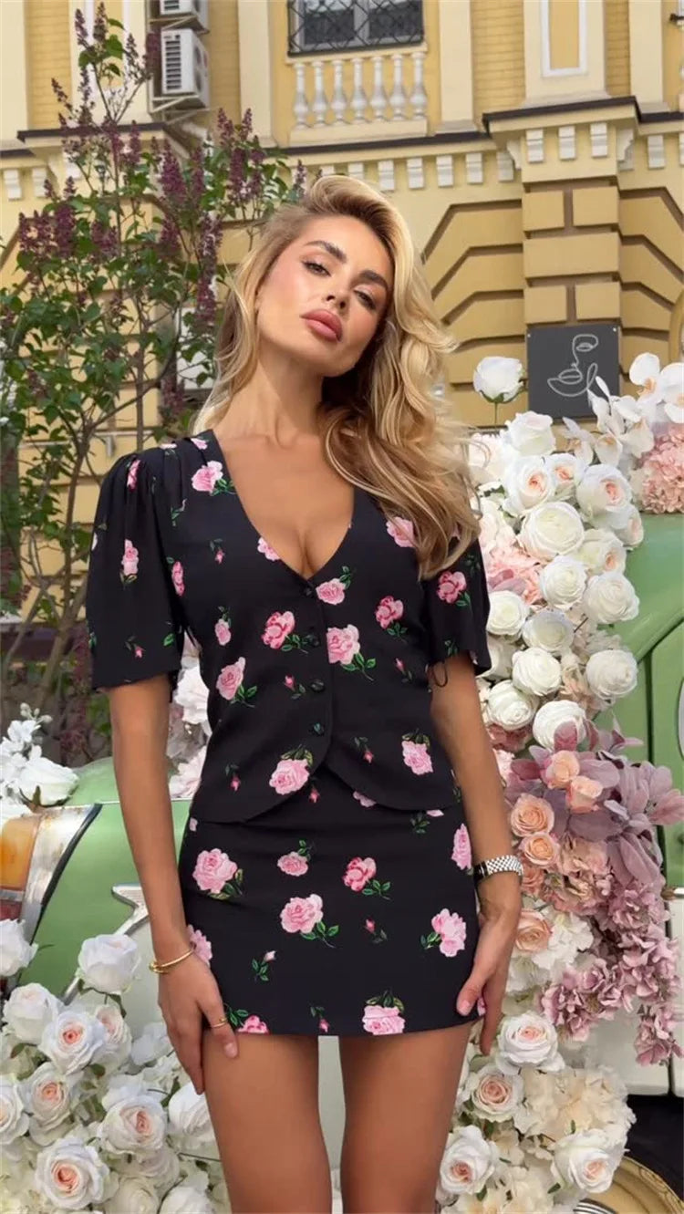 Luxury Elegant Printed V-Neck Cardigan Top High Waisted Skirt Set