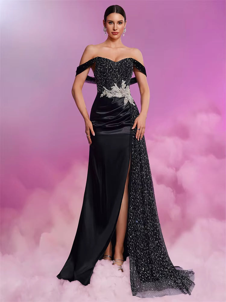 Luxury Elegant Ribbon Satin High Slit Evening Party Maxi Dress