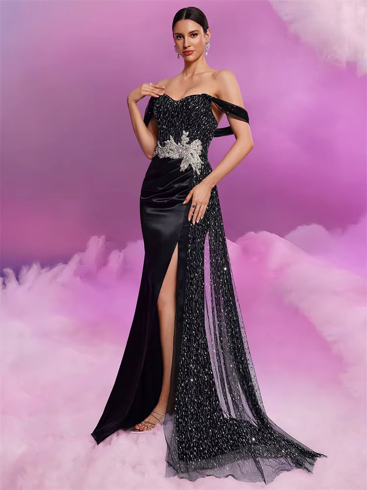 Luxury Elegant Ribbon Satin High Slit Evening Party Maxi Dress
