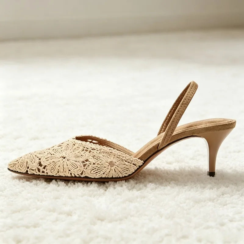 Luxury Embroidered Flower Slingback Heel