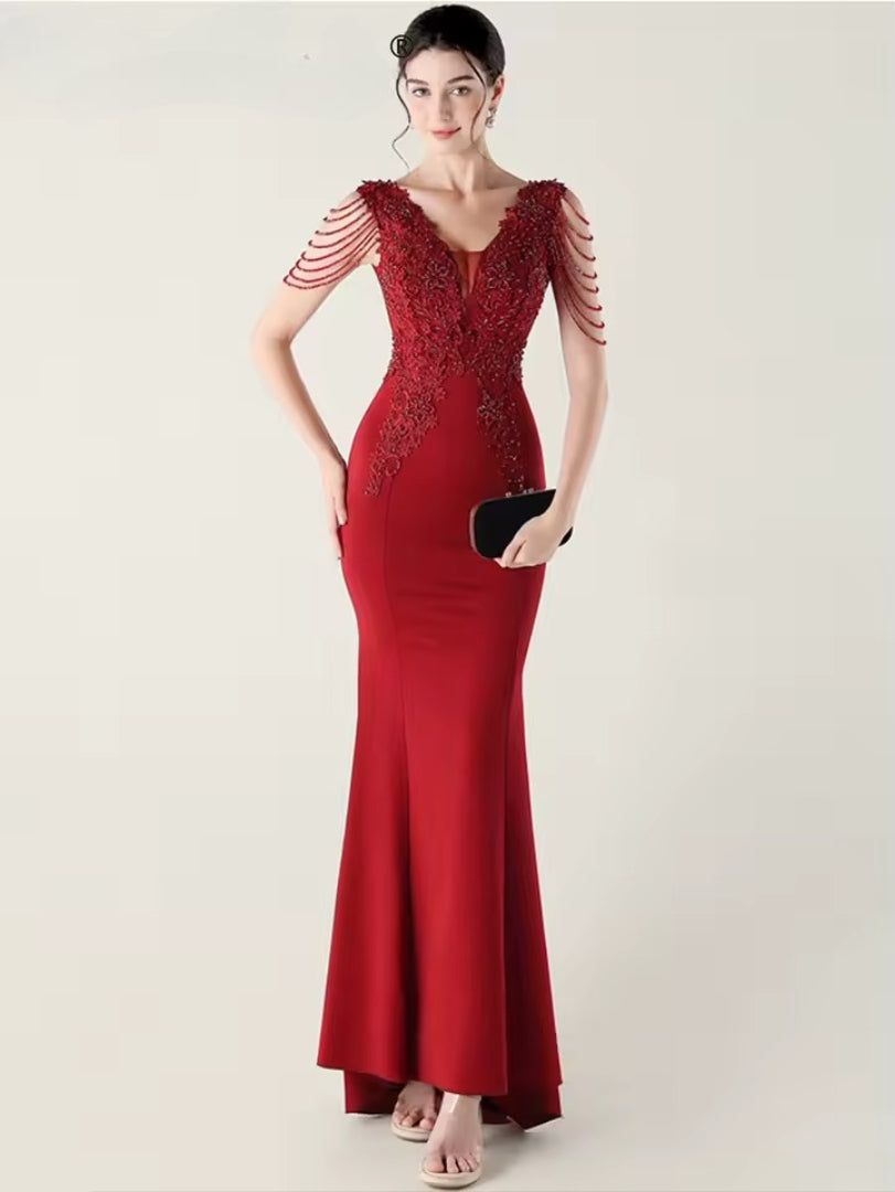 Luxury Backless Lace Rhinestone Vestidos Maxi Dress