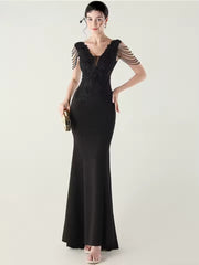 Luxury Backless Lace Rhinestone Vestidos Maxi Dress