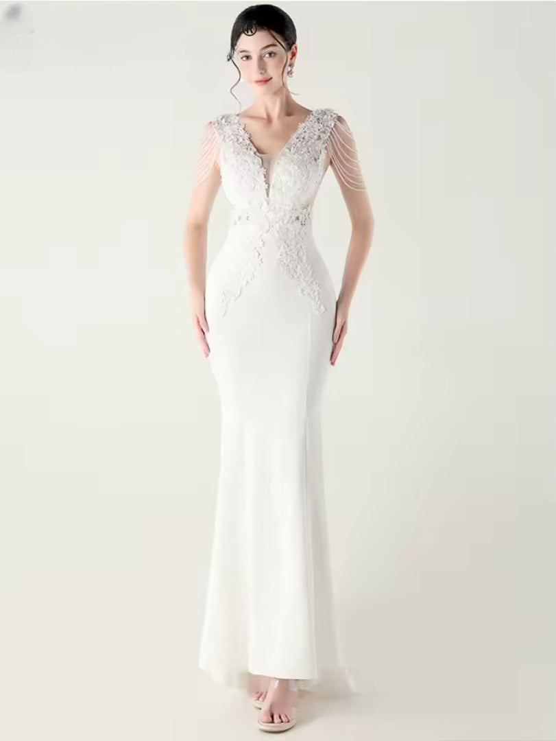 Luxury Backless Lace Rhinestone Vestidos Maxi Dress