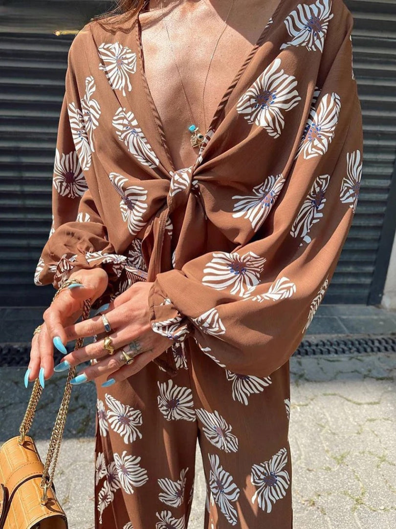Luxury Loose Print Long Sleeve Shirt With High Waist Maxi 2 Pieces Set