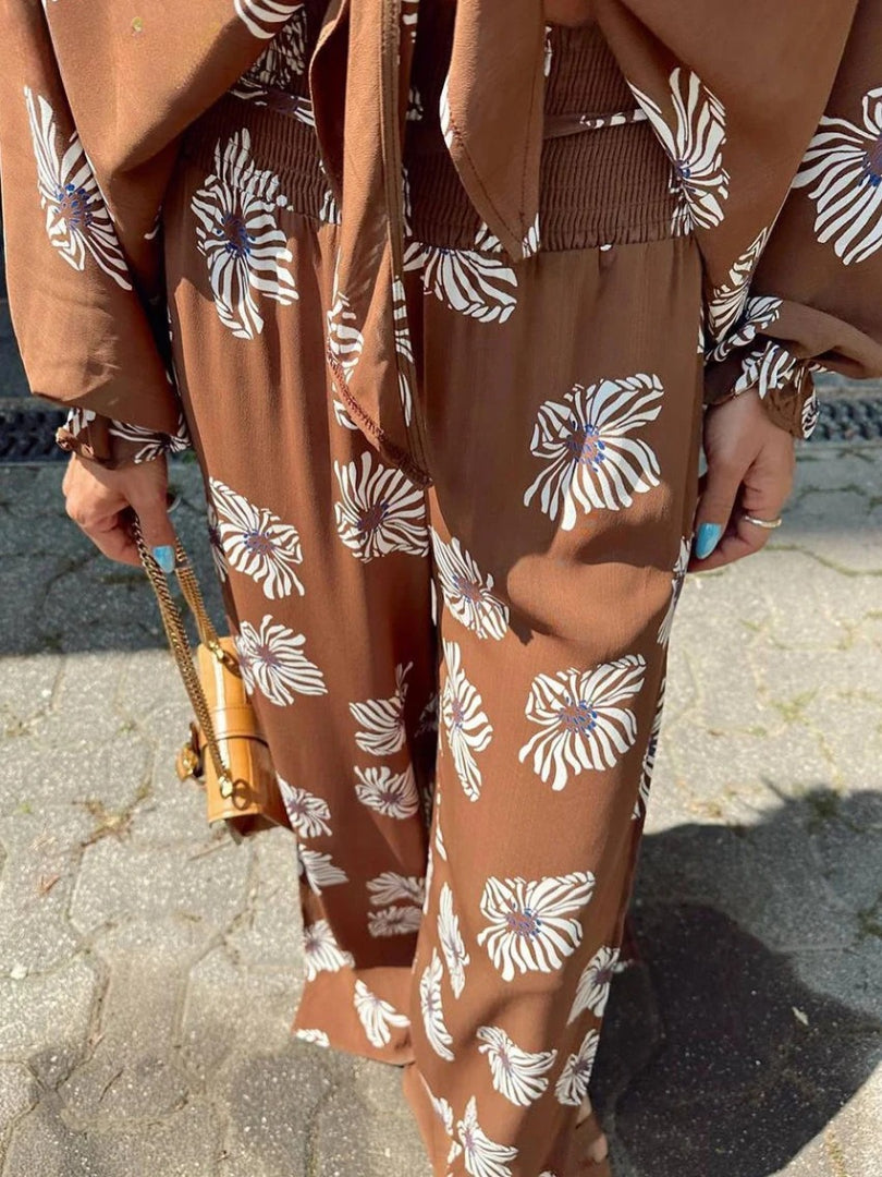 Luxury Loose Print Long Sleeve Shirt With High Waist Maxi 2 Pieces Set