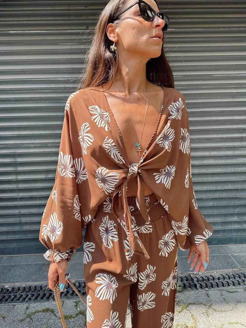 Luxury Loose Print Long Sleeve Shirt With High Waist Maxi 2 Pieces Set