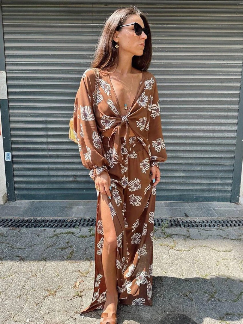 Luxury Loose Print Long Sleeve Shirt With High Waist Maxi 2 Pieces Set