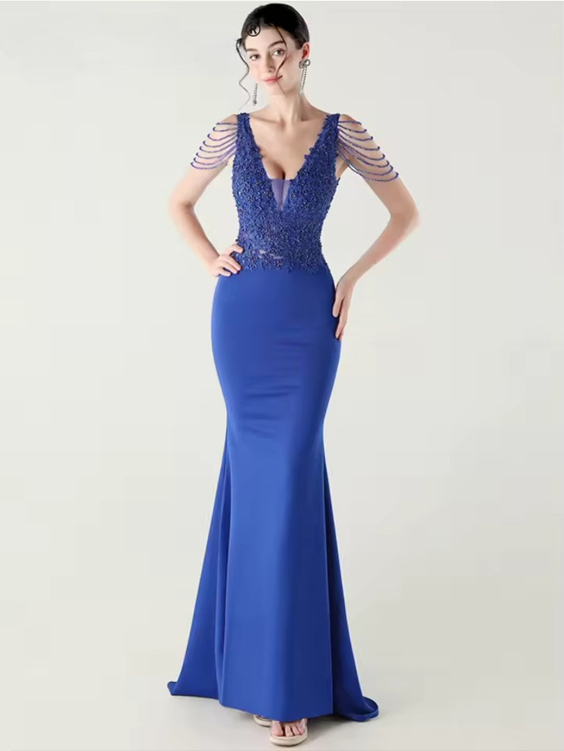 Luxury V-Neck Backless Sleeveless Rhinestone Vestidos Maxi Dress