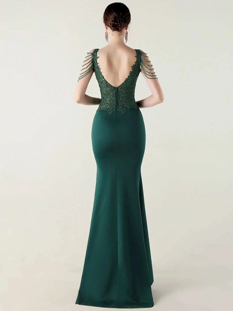 Luxury V-Neck Backless Sleeveless Rhinestone Vestidos Maxi Dress