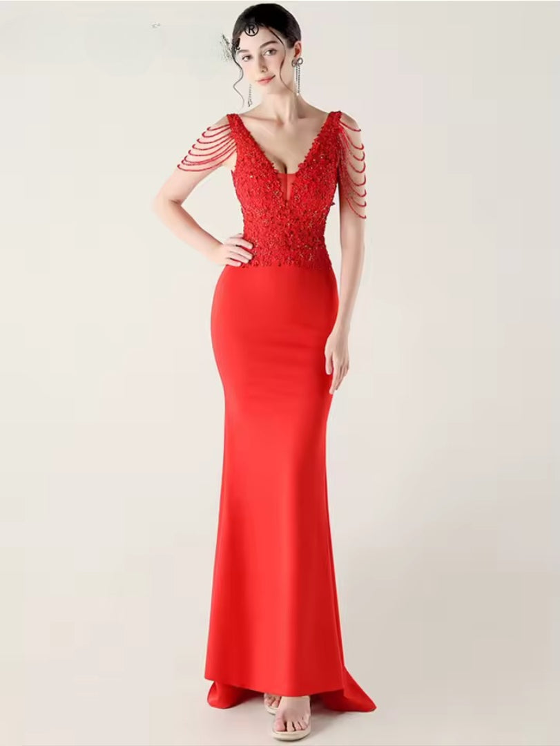 Luxury V-Neck Backless Sleeveless Rhinestone Vestidos Maxi Dress