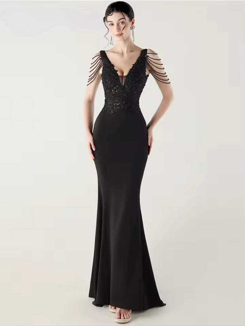 Luxury V-Neck Backless Sleeveless Rhinestone Vestidos Maxi Dress