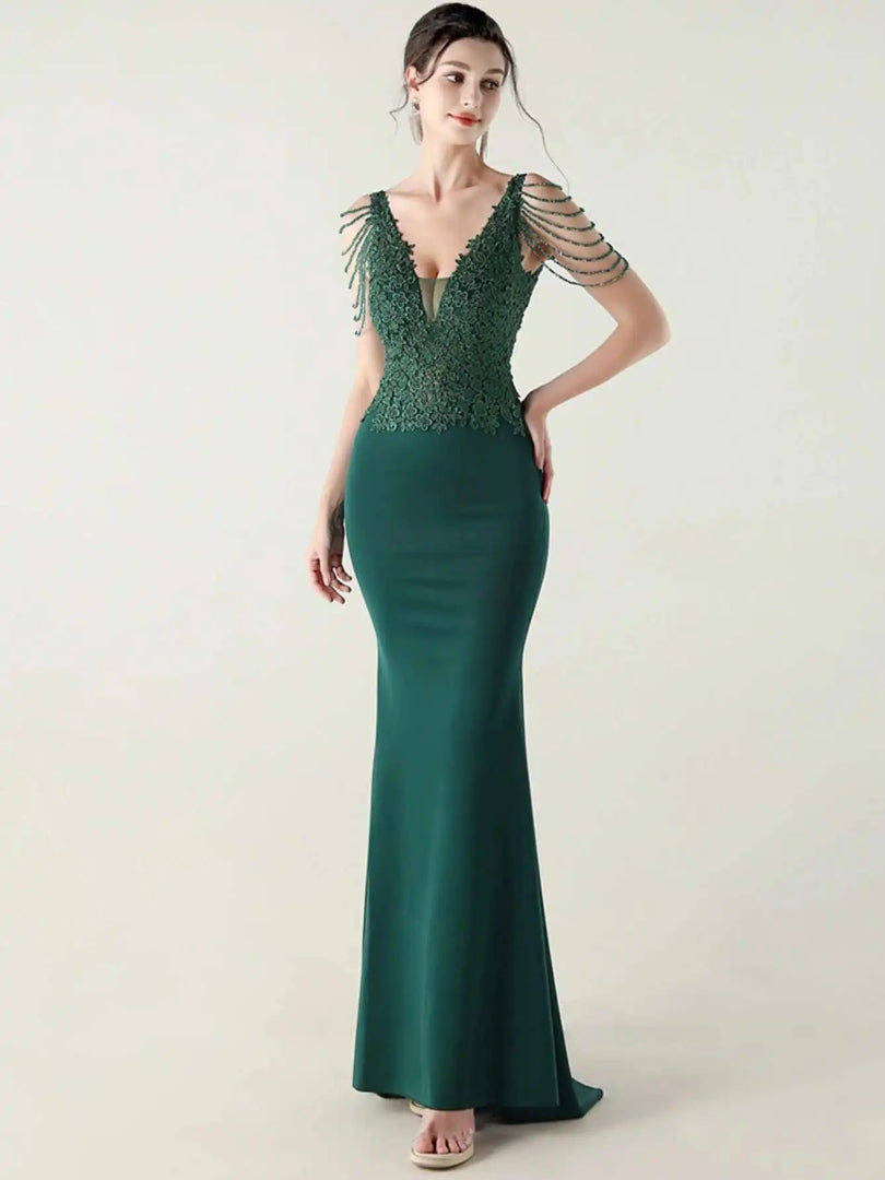 Luxury V-Neck Backless Sleeveless Rhinestone Vestidos Maxi Dress