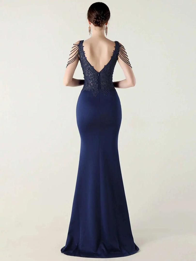 Luxury V-Neck Backless Sleeveless Rhinestone Vestidos Maxi Dress