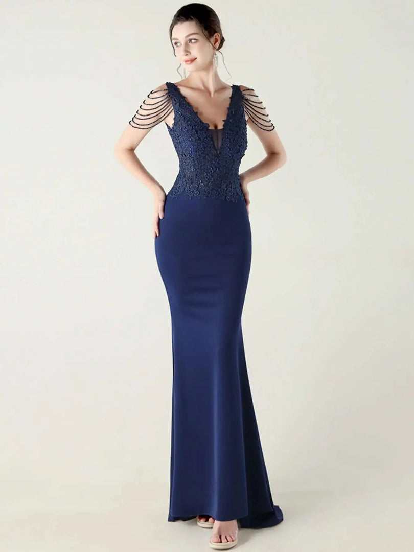 Luxury V-Neck Backless Sleeveless Rhinestone Vestidos Maxi Dress
