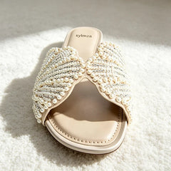 Luxury Faux Pearl Detail Slippers Novelty Shiny Appliques Design Flat Sandals for Ladies Comfortable Shoes