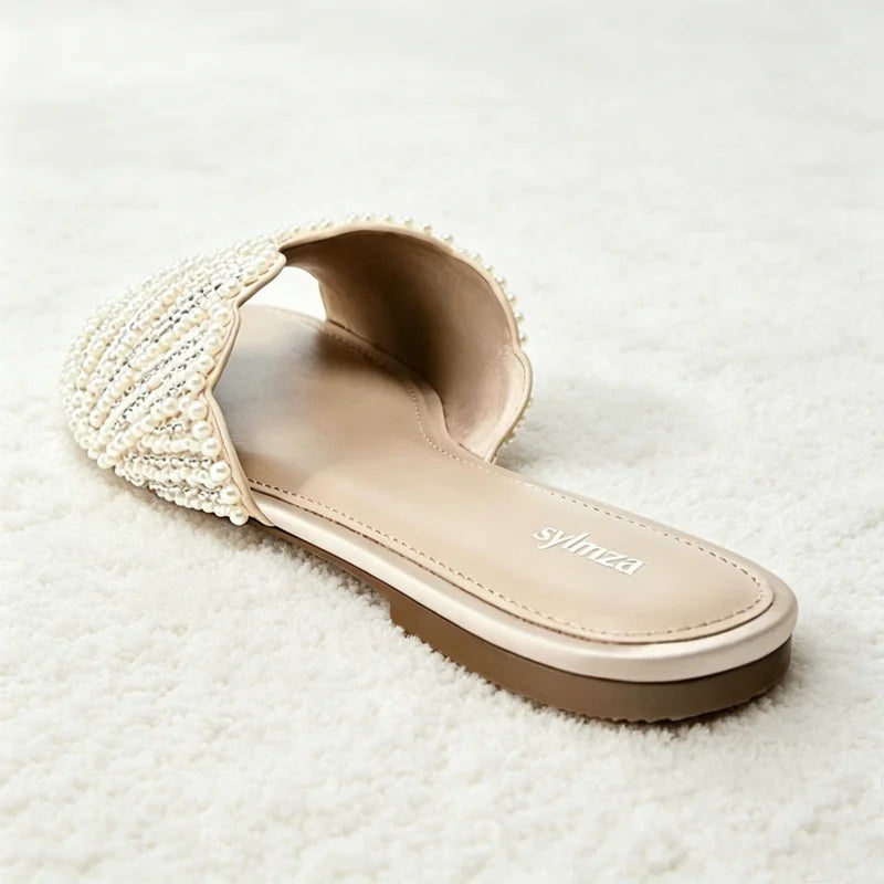 Luxury Faux Pearl Detail Slippers Novelty Shiny Appliques Design Flat Sandals for Ladies Comfortable Shoes
