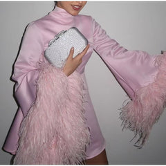 Luxury Feather Long Sleeve Half Collar High Waist Mini Dress
