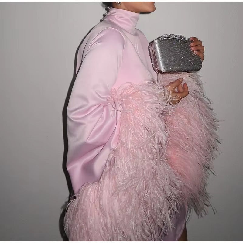 Luxury Feather Long Sleeve Half Collar High Waist Mini Dress