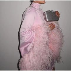 Luxury Feather Long Sleeve Half Collar High Waist Mini Dress
