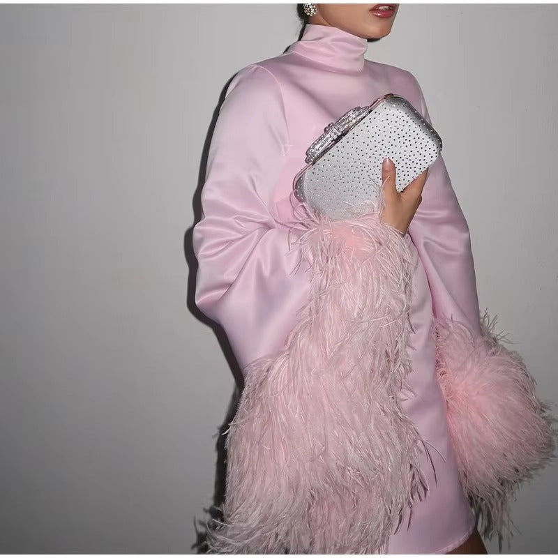 Luxury Feather Long Sleeve Half Collar High Waist Mini Dress