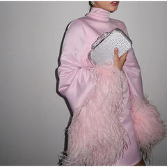 Luxury Feather Long Sleeve Half Collar High Waist Mini Dress