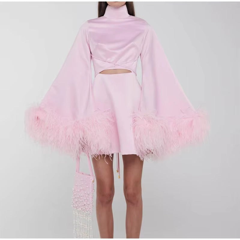 Luxury Feather Long Sleeve Half Collar High Waist Mini Dress