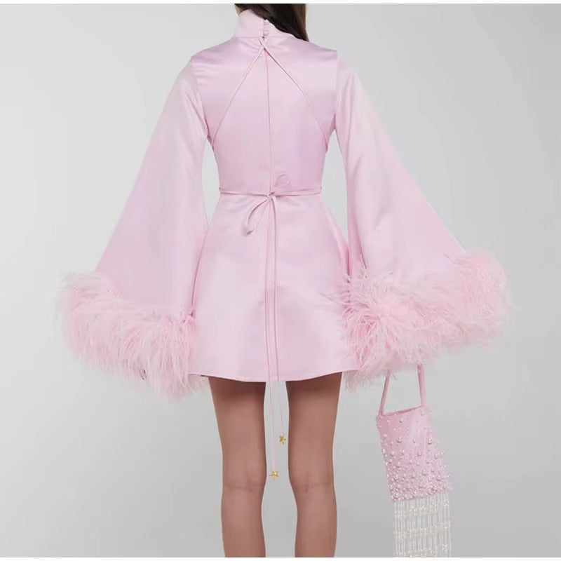 Luxury Feather Long Sleeve Half Collar High Waist Mini Dress