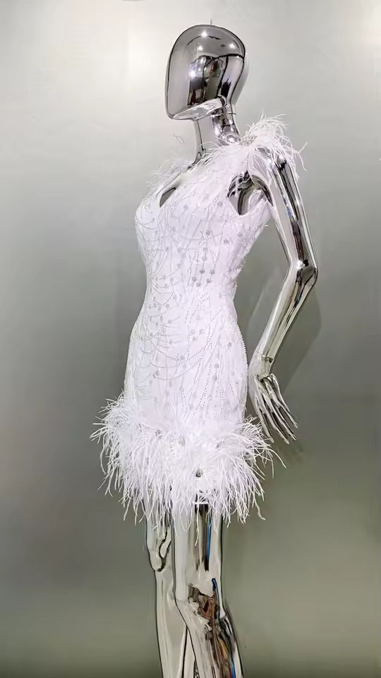 Luxury Feather Sequins Embroidery Regular Fit Mini Dress
