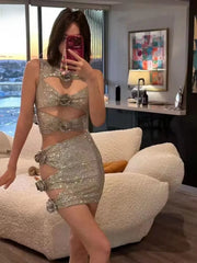 Luxury Flowers Sparkly Rhinestone Cut Out Party Mini Dress