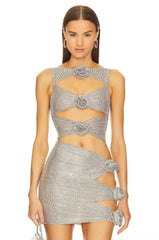 Luxury Flowers Sparkly Rhinestone Cut Out Party Mini Dress