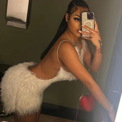 Luxury Fur Wrap Spaghetti Backless Bodycon Mini Dress