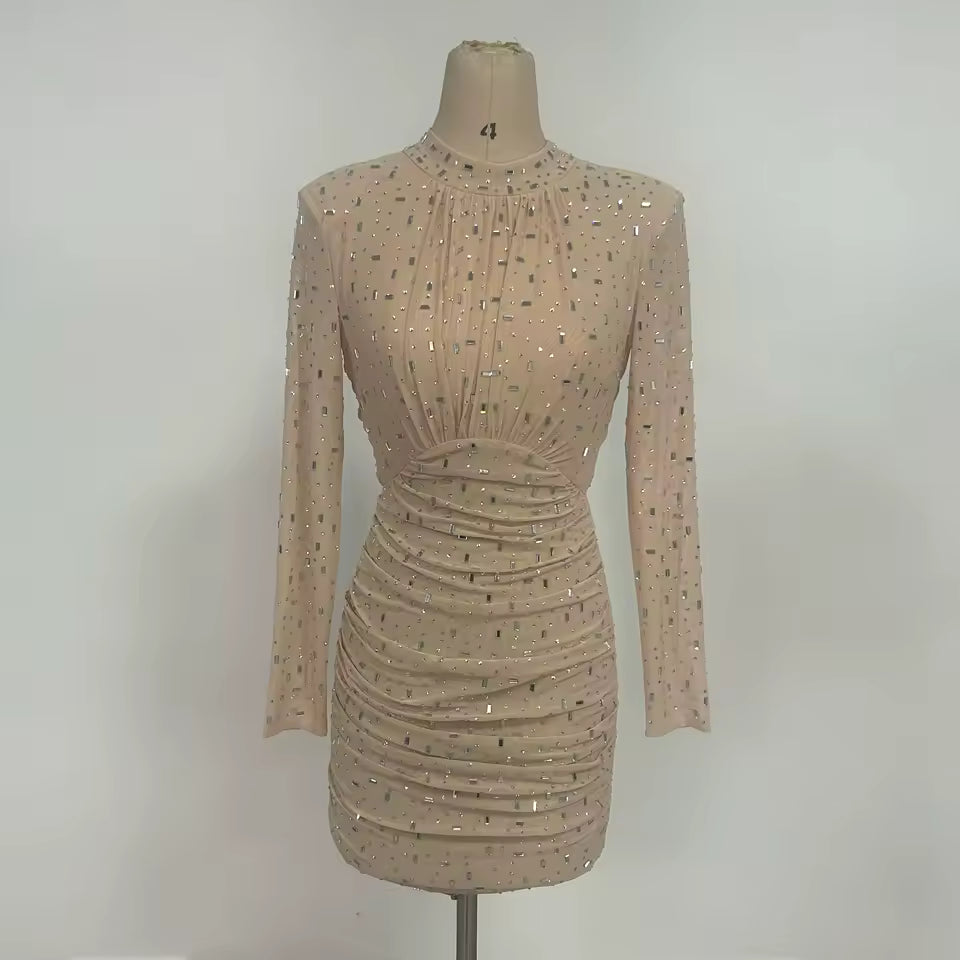 Luxury Glitter Beaded Sequins Party Pleated Bodycon Mini Dress