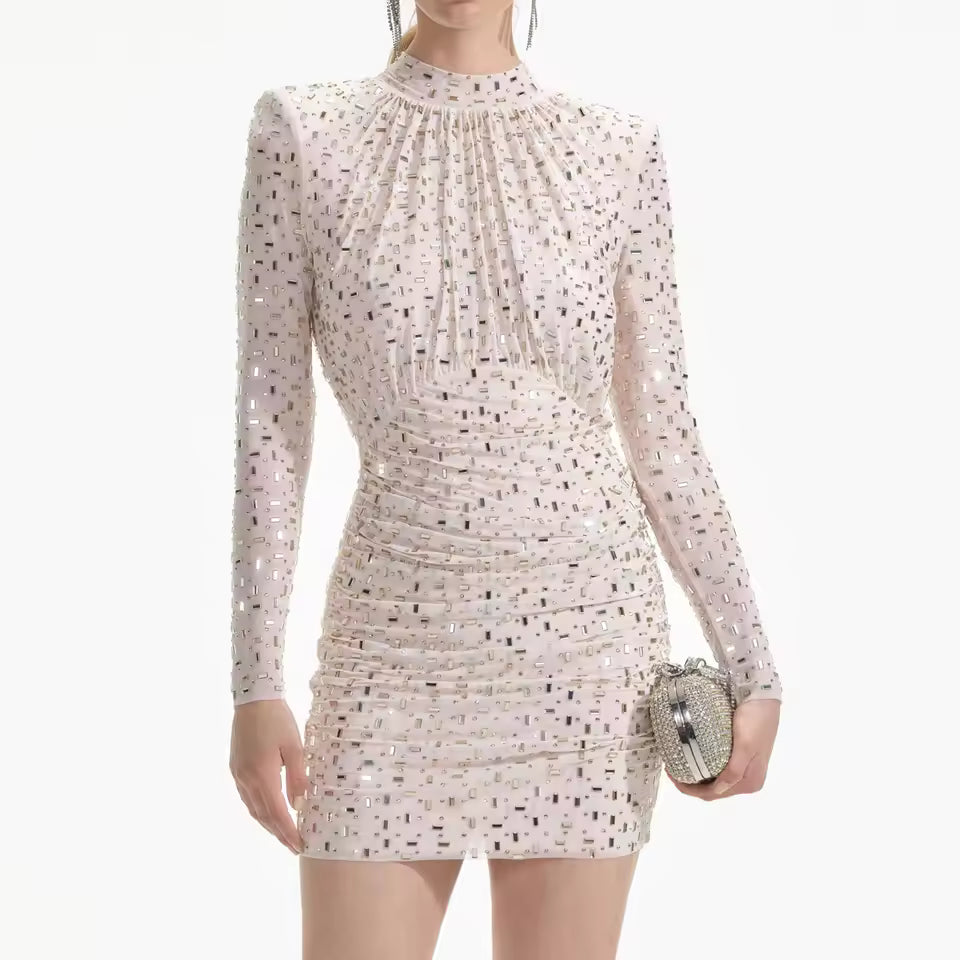 Luxury Glitter Beaded Sequins Party Pleated Bodycon Mini Dress