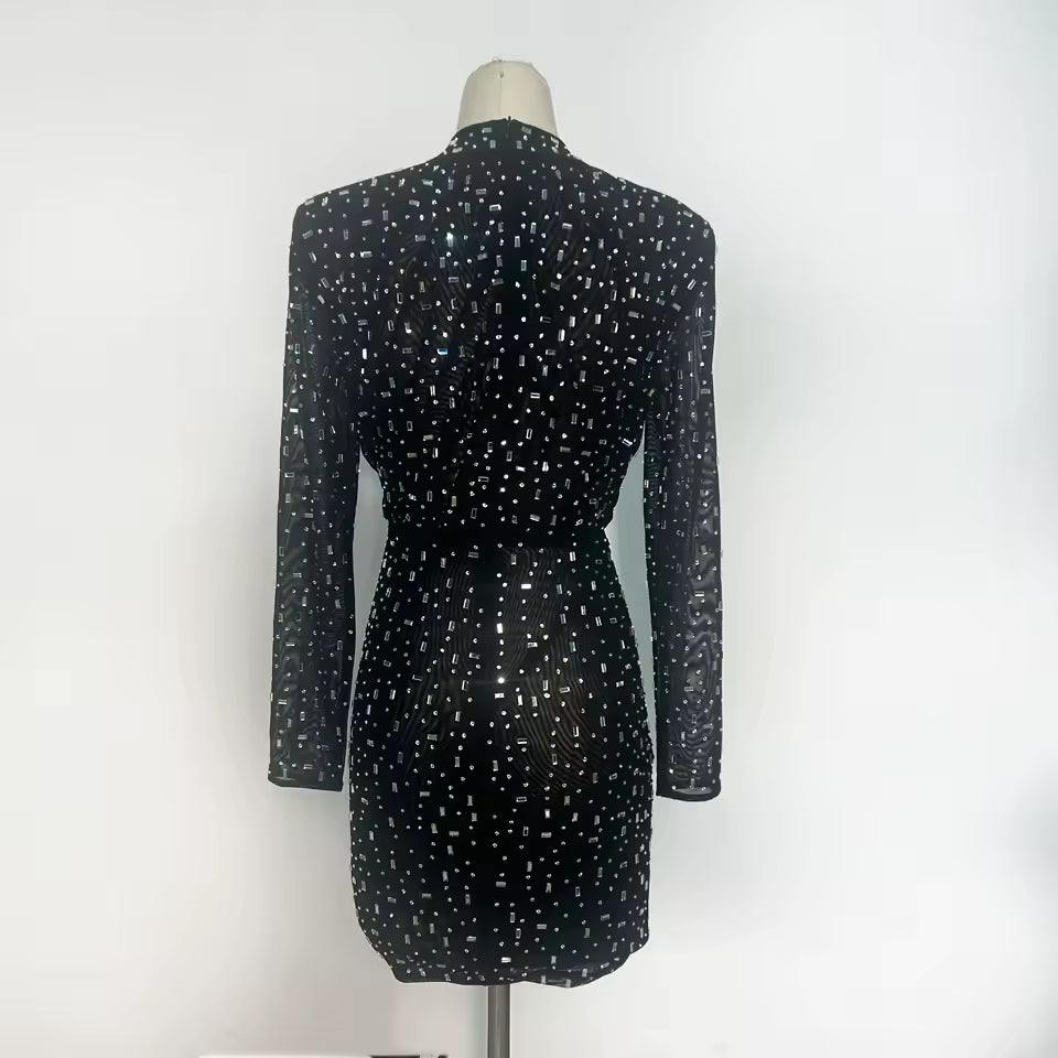 Luxury Glitter Beaded Sequins Party Pleated Bodycon Mini Dress