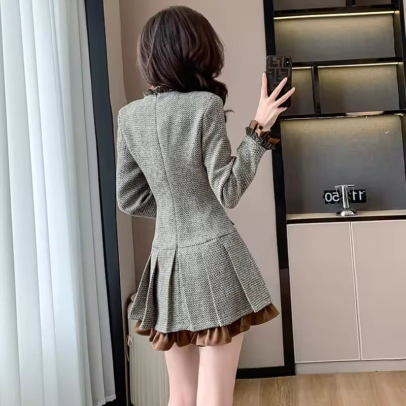 Luxury High Quality Ruffles Trim Long Sleeve Buttons Blazer Dress
