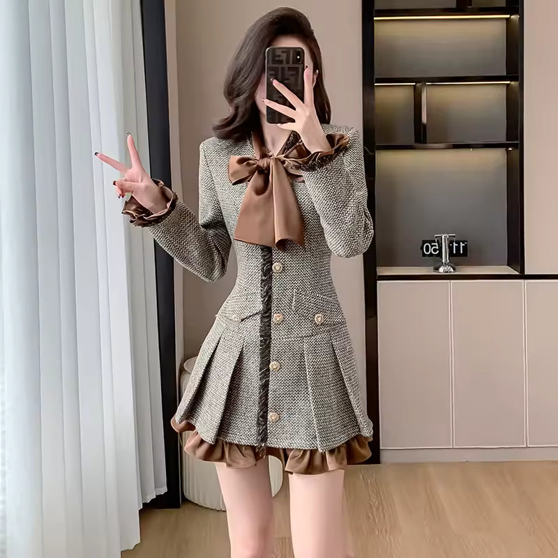 Luxury High Quality Ruffles Trim Long Sleeve Buttons Blazer Dress