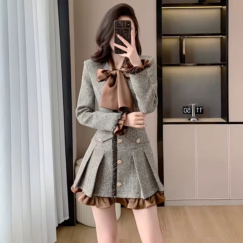 Luxury High Quality Ruffles Trim Long Sleeve Buttons Blazer Dress
