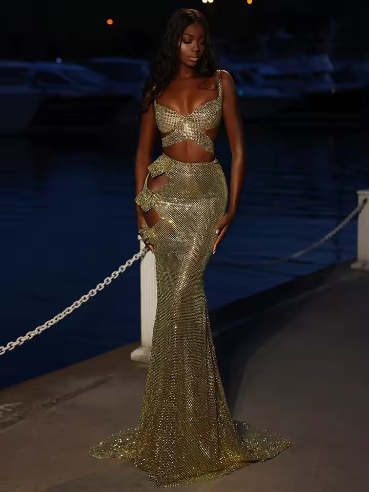 Luxury Hole Diamonds Gold 3D Structured Flowers Maxi Long Dress