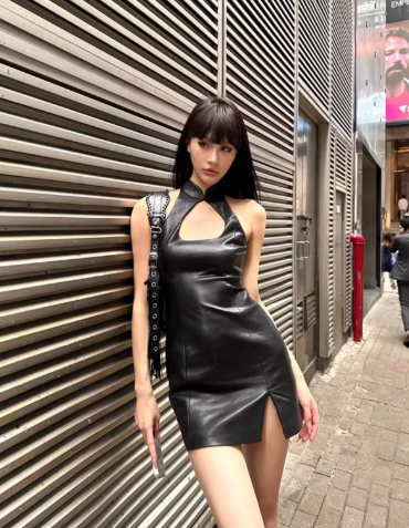 Luxury Hollow Out sleeveless Zippers Faux Leather Halter Mini Dress