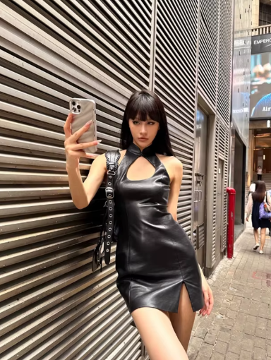 Luxury Hollow Out sleeveless Zippers Faux Leather Halter Mini Dress