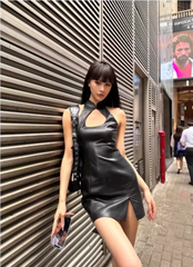 Luxury Hollow Out sleeveless Zippers Faux Leather Halter Mini Dress