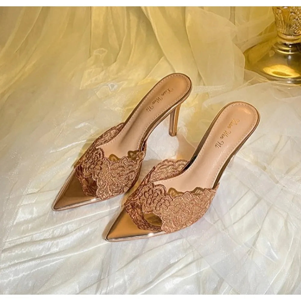 Luxury Lace Crochet Mule Slipper Brand Design Point Toe High Heel